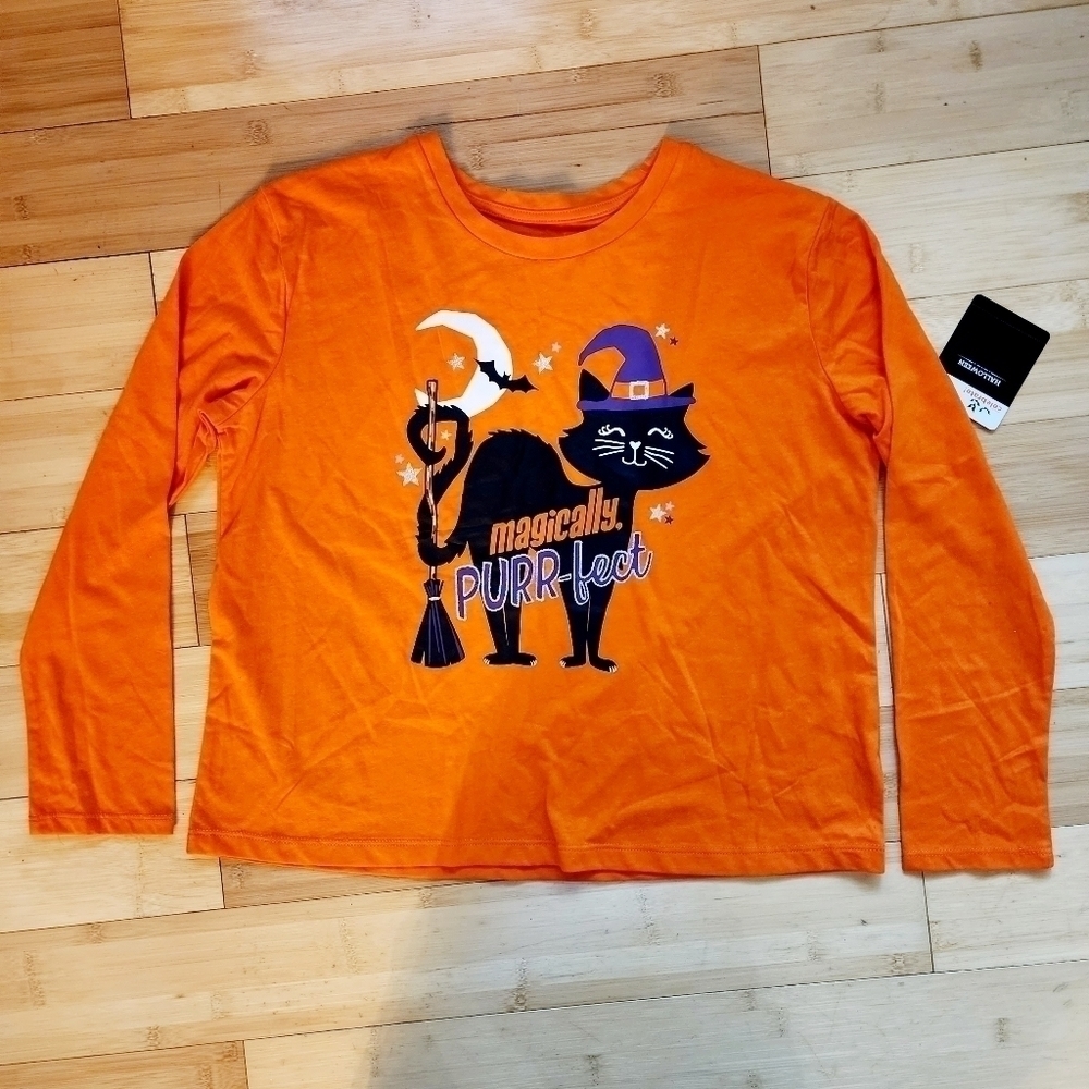NWT Way To Celebrate "Magically Purr-fect," Orange Long Sleeve Tee Halloween New